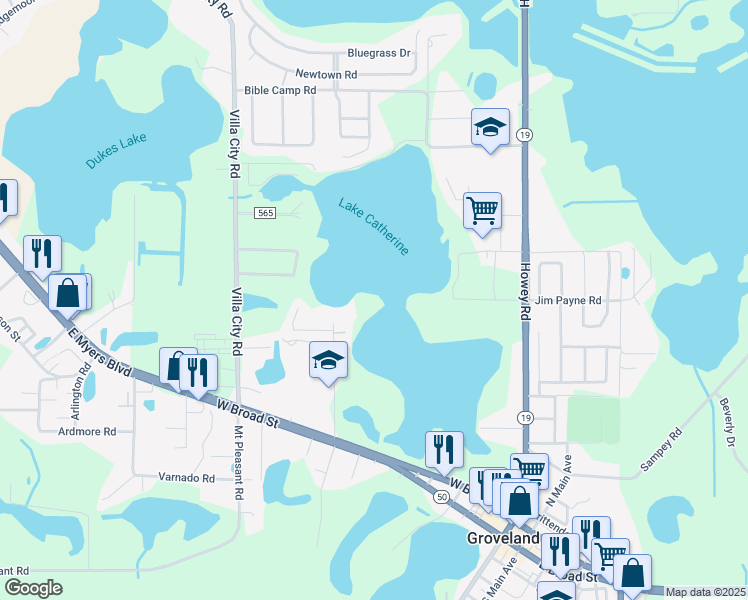 map of restaurants, bars, coffee shops, grocery stores, and more near 375 Catherine Lane in Groveland