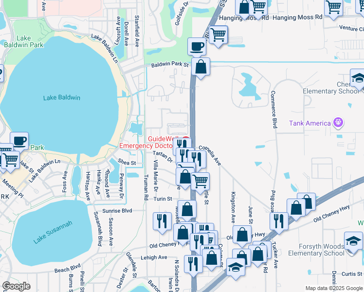 map of restaurants, bars, coffee shops, grocery stores, and more near 1807 Moselle Ave in Orlando