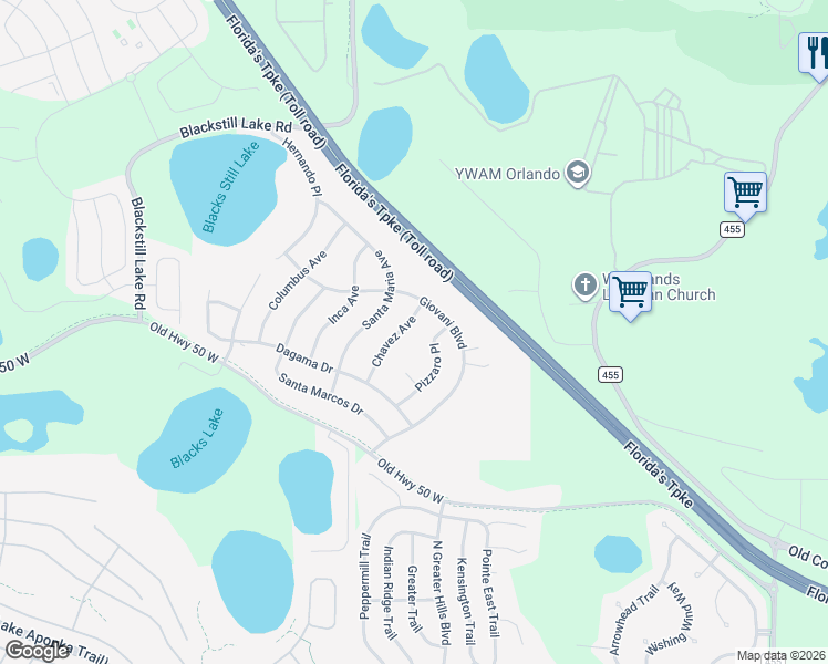 map of restaurants, bars, coffee shops, grocery stores, and more near 3059 Chavez Avenue in Clermont