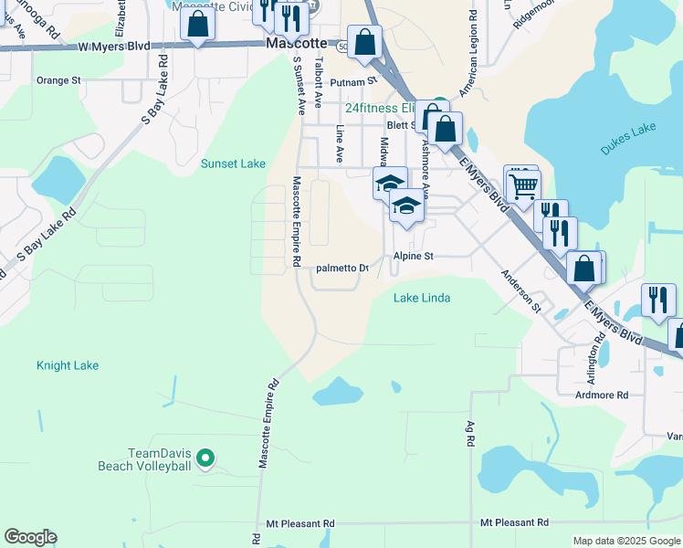 map of restaurants, bars, coffee shops, grocery stores, and more near 610 Palmetto Dr in Mascotte