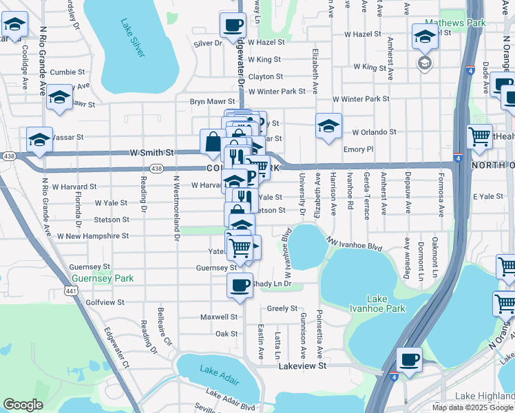 map of restaurants, bars, coffee shops, grocery stores, and more near 625 Stetson Street in Orlando