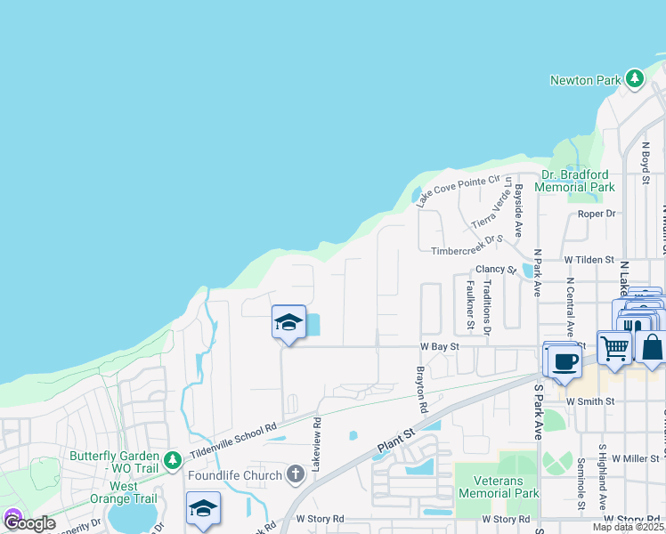 map of restaurants, bars, coffee shops, grocery stores, and more near 1001 Temple Grove Place in Winter Garden