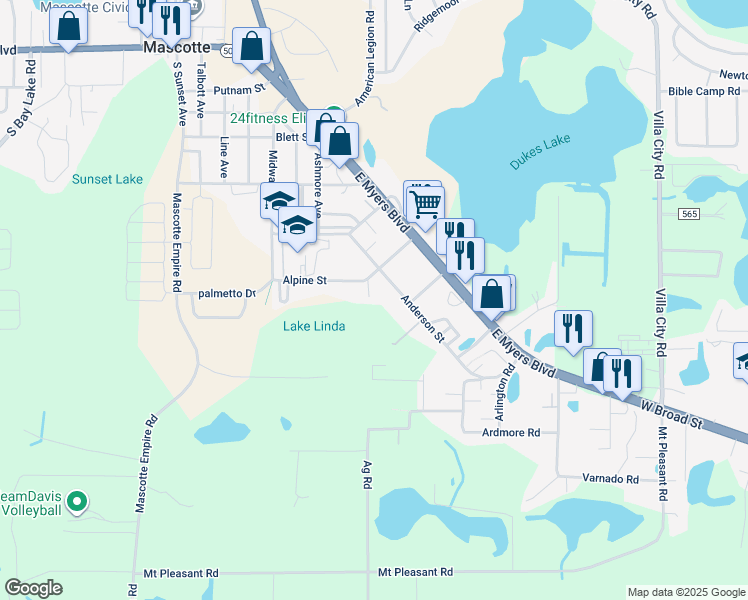 map of restaurants, bars, coffee shops, grocery stores, and more near 668 Alpine Annex in Mascotte
