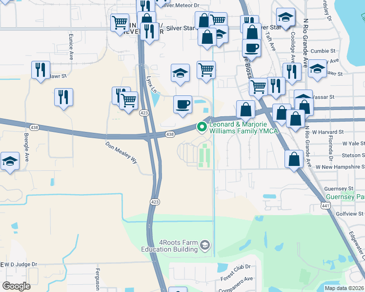 map of restaurants, bars, coffee shops, grocery stores, and more near 2405 West Princeton Street in Orlando