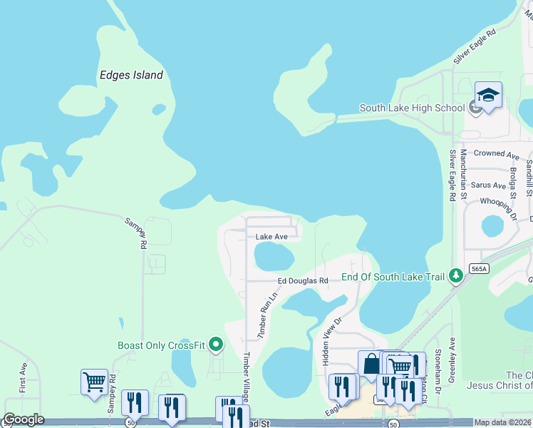 map of restaurants, bars, coffee shops, grocery stores, and more near 15130 Timber Village Road in Groveland