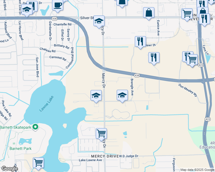 map of restaurants, bars, coffee shops, grocery stores, and more near 2001 Mercy Drive in Orlando