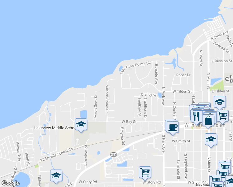 map of restaurants, bars, coffee shops, grocery stores, and more near 221 Valencia Court in Winter Garden