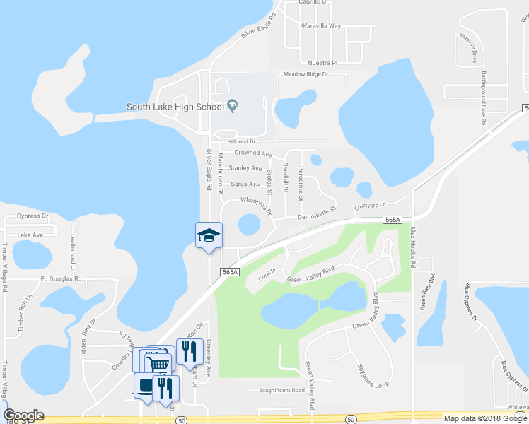 map of restaurants, bars, coffee shops, grocery stores, and more near 1516 Whooping Drive in Groveland