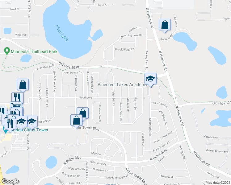 map of restaurants, bars, coffee shops, grocery stores, and more near 947 Arbor Hill Circle in Minneola