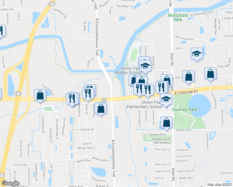 map of restaurants, bars, coffee shops, grocery stores, and more near 1801 N Econlockhatchee Trl in Orlando