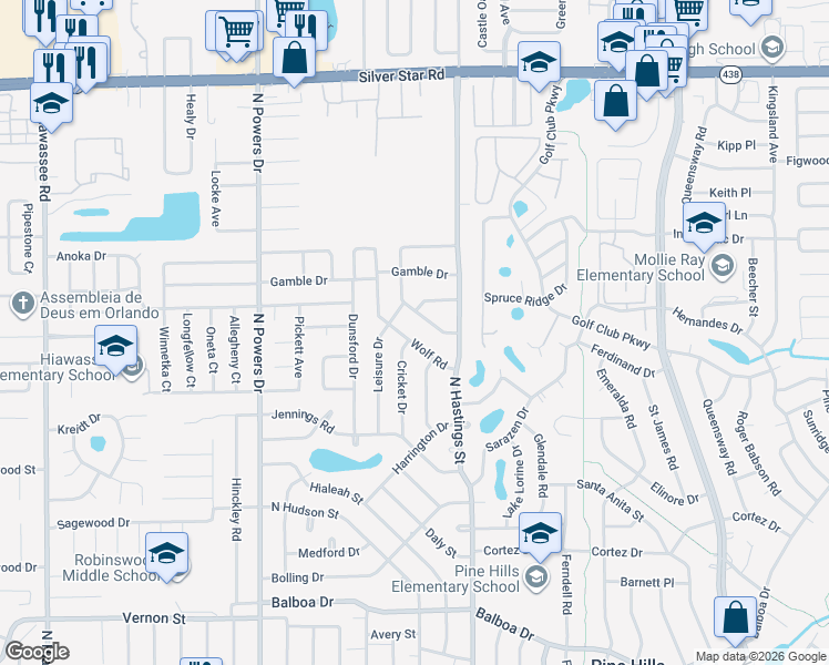 map of restaurants, bars, coffee shops, grocery stores, and more near 5917 Wolf Road in Orlando