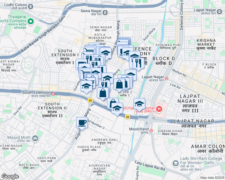 map of restaurants, bars, coffee shops, grocery stores, and more near C-512 Chhattarsal Vithi Road in New Delhi