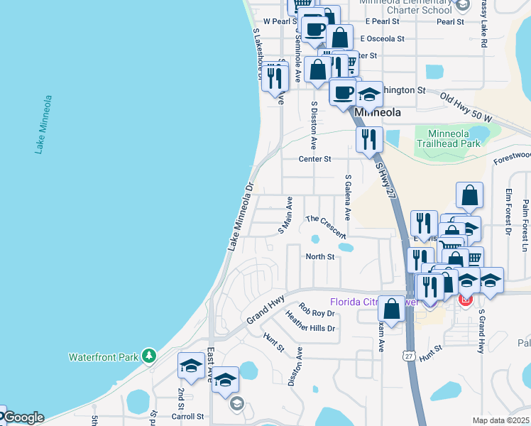 map of restaurants, bars, coffee shops, grocery stores, and more near 419 Royal Street in Minneola