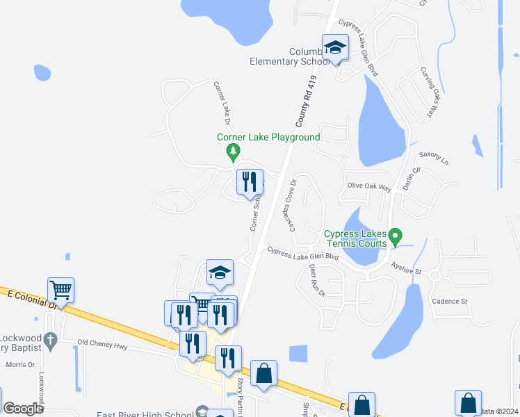 map of restaurants, bars, coffee shops, grocery stores, and more near 1979 Corner School Drive in Orlando