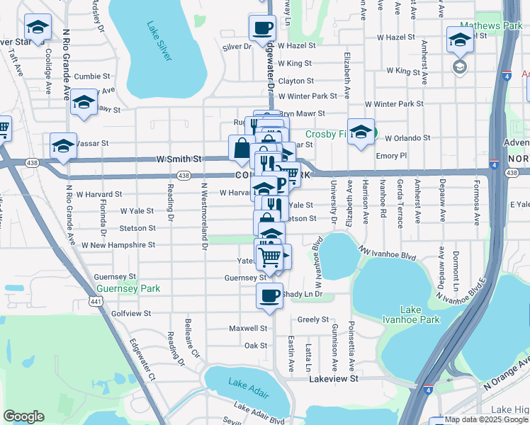 map of restaurants, bars, coffee shops, grocery stores, and more near 1914 Edgewater Drive in Orlando
