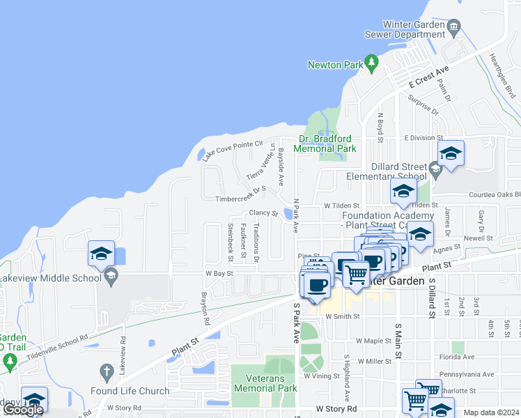 map of restaurants, bars, coffee shops, grocery stores, and more near 701 Clancy Street in Winter Garden