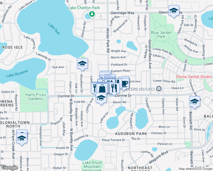 map of restaurants, bars, coffee shops, grocery stores, and more near 1862 Winter Park Road in Orlando