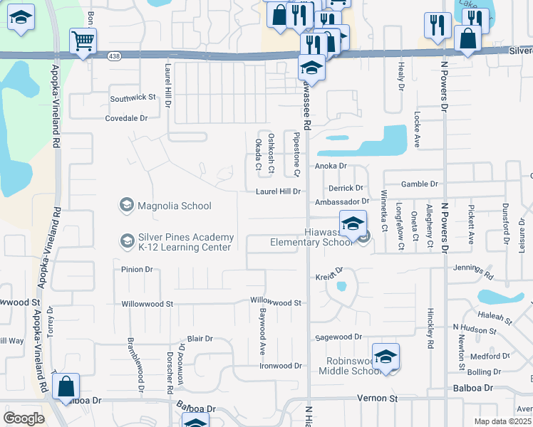map of restaurants, bars, coffee shops, grocery stores, and more near 7107 Blue Earth Court in Orlando