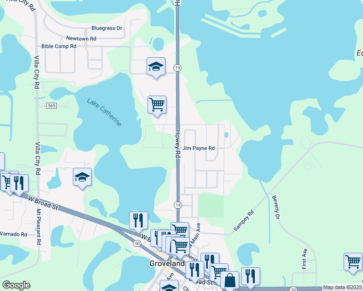 map of restaurants, bars, coffee shops, grocery stores, and more near 102 Quail Oaks Circle in Groveland