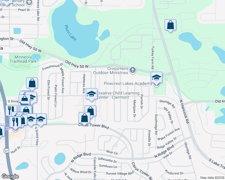 map of restaurants, bars, coffee shops, grocery stores, and more near 809 Arbor Hill Circle in Clermont