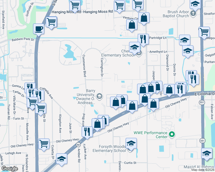 map of restaurants, bars, coffee shops, grocery stores, and more near 1813 Carrington Drive in Orlando