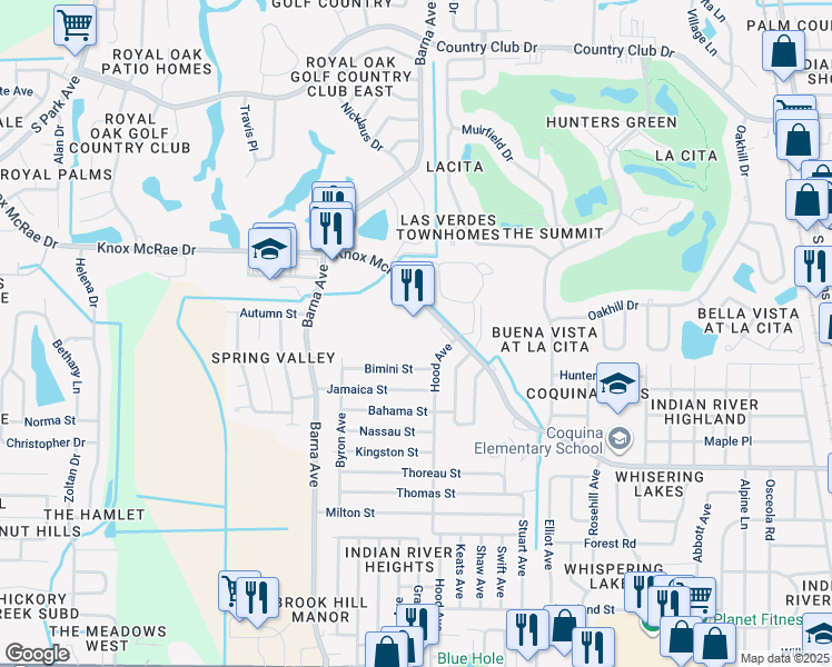 map of restaurants, bars, coffee shops, grocery stores, and more near 1515 Knox McRae Drive in Titusville