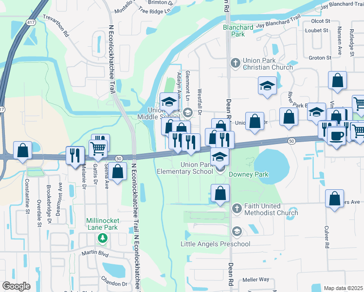 map of restaurants, bars, coffee shops, grocery stores, and more near 9705 East Colonial Drive in Orlando