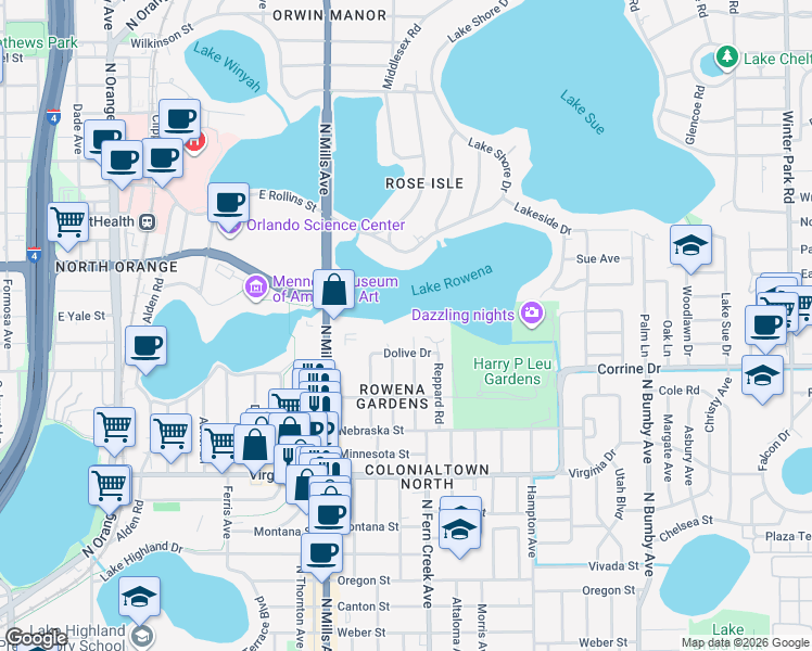 map of restaurants, bars, coffee shops, grocery stores, and more near 1850 Wycliff Drive in Orlando