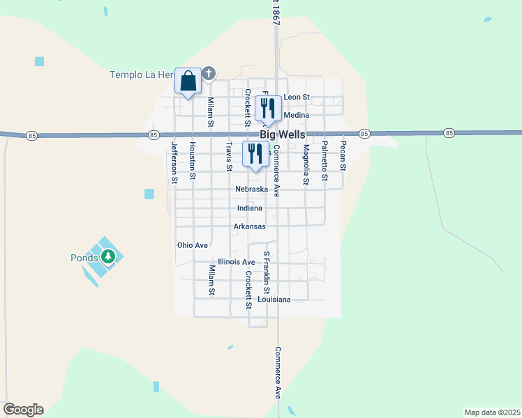 map of restaurants, bars, coffee shops, grocery stores, and more near 1504 Indiana in Big Wells