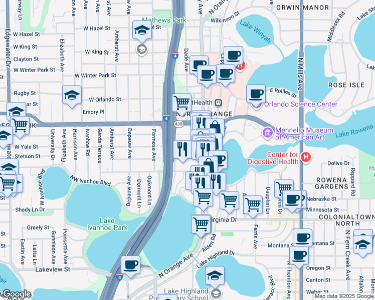 map of restaurants, bars, coffee shops, grocery stores, and more near 315 East Vanderbilt Street in Orlando