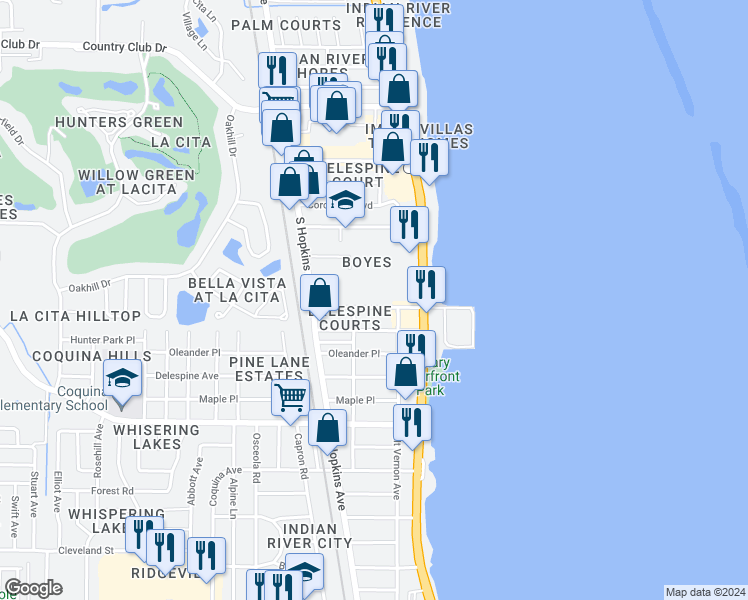 map of restaurants, bars, coffee shops, grocery stores, and more near 222 Olmstead Drive in Titusville