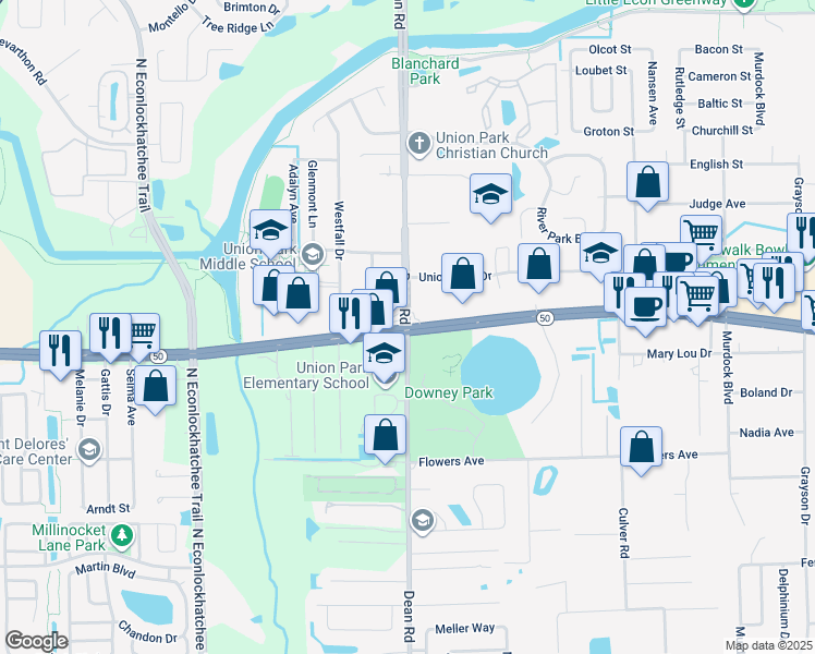 map of restaurants, bars, coffee shops, grocery stores, and more near E Colonial Dr & N Dean Rd in Union Park