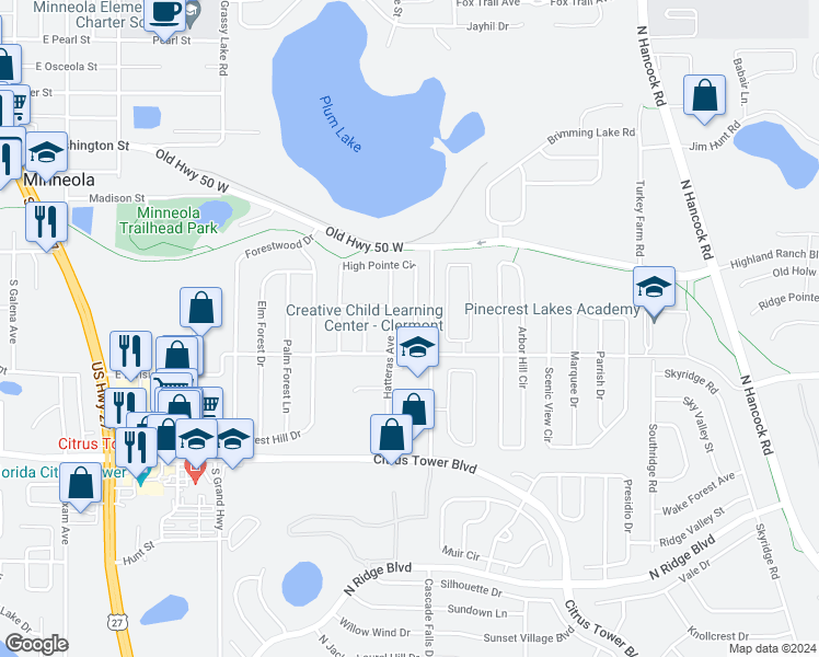 map of restaurants, bars, coffee shops, grocery stores, and more near 878 High Pointe Circle in Minneola