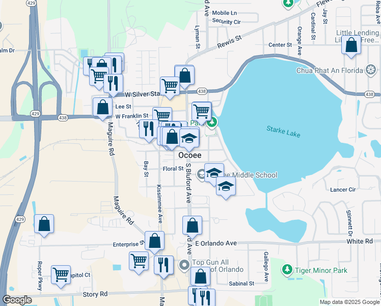 map of restaurants, bars, coffee shops, grocery stores, and more near 6 South Bluford Avenue in Ocoee