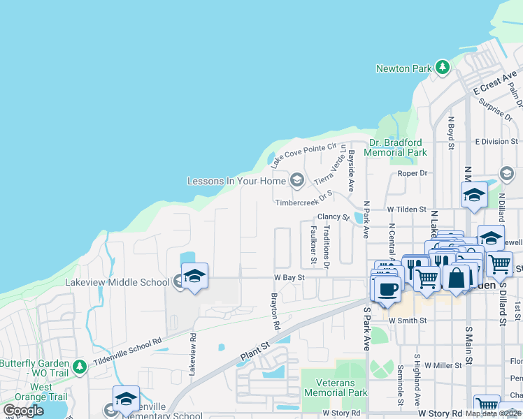 map of restaurants, bars, coffee shops, grocery stores, and more near 221 Valencia Court in Winter Garden