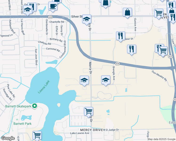 map of restaurants, bars, coffee shops, grocery stores, and more near 2012 Mercy Drive in Orlando