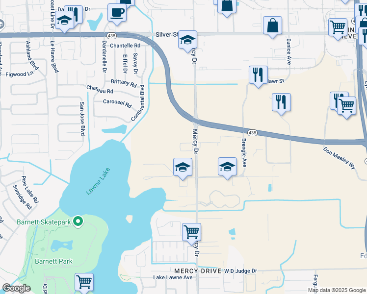 map of restaurants, bars, coffee shops, grocery stores, and more near 2048 Mercy Drive in Orlando