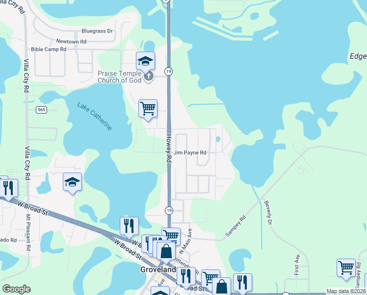 map of restaurants, bars, coffee shops, grocery stores, and more near 102 Quail Oaks Circle in Groveland