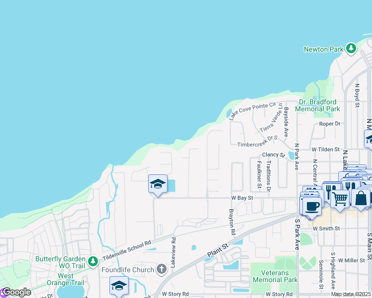map of restaurants, bars, coffee shops, grocery stores, and more near 1001 Temple Grove Place in Winter Garden