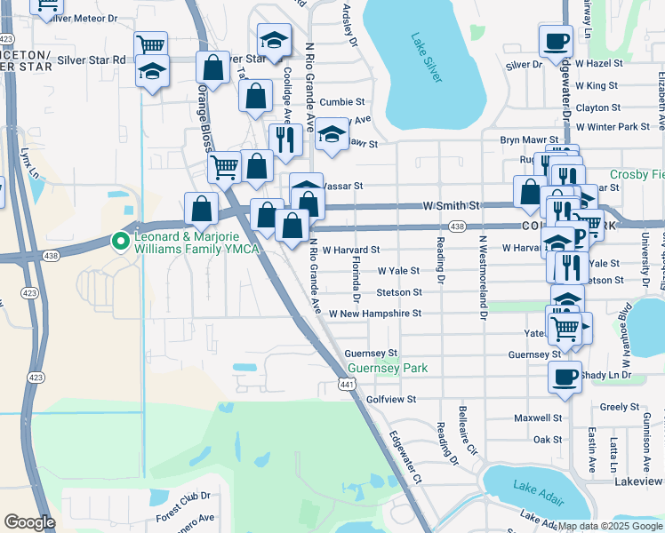 map of restaurants, bars, coffee shops, grocery stores, and more near 1425 West Yale Street in Orlando