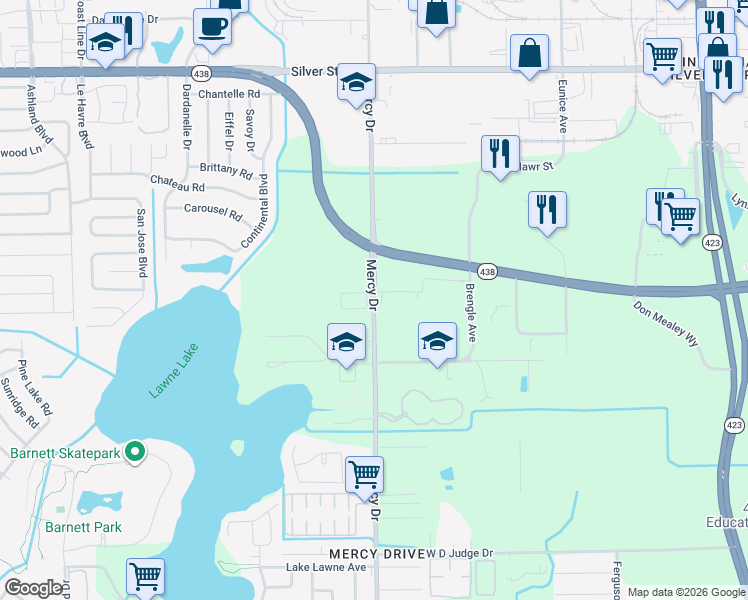 map of restaurants, bars, coffee shops, grocery stores, and more near 2001 Mercy Drive in Orlando