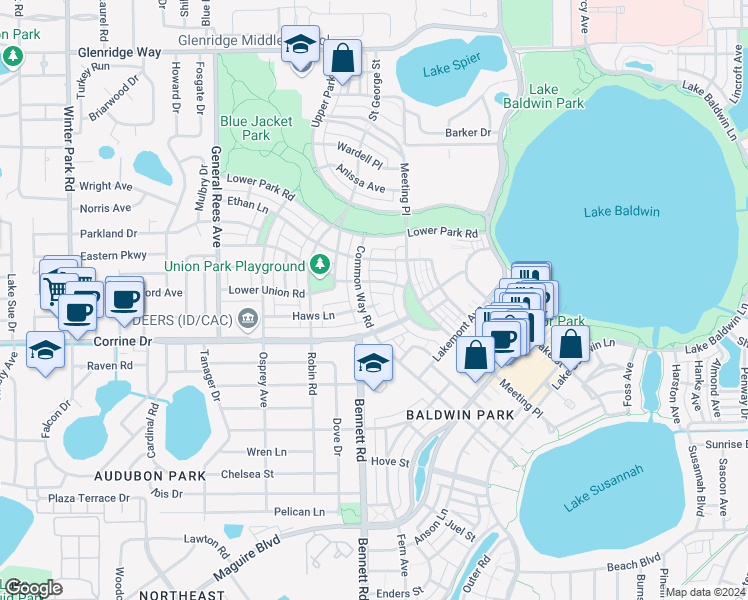 map of restaurants, bars, coffee shops, grocery stores, and more near 4251 Haws Court in Orlando