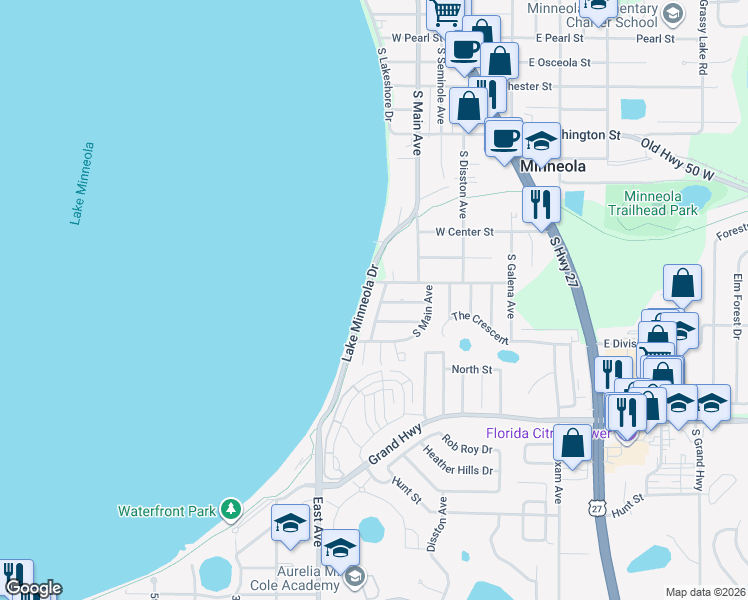 map of restaurants, bars, coffee shops, grocery stores, and more near 912 Sunset Shores Drive in Minneola