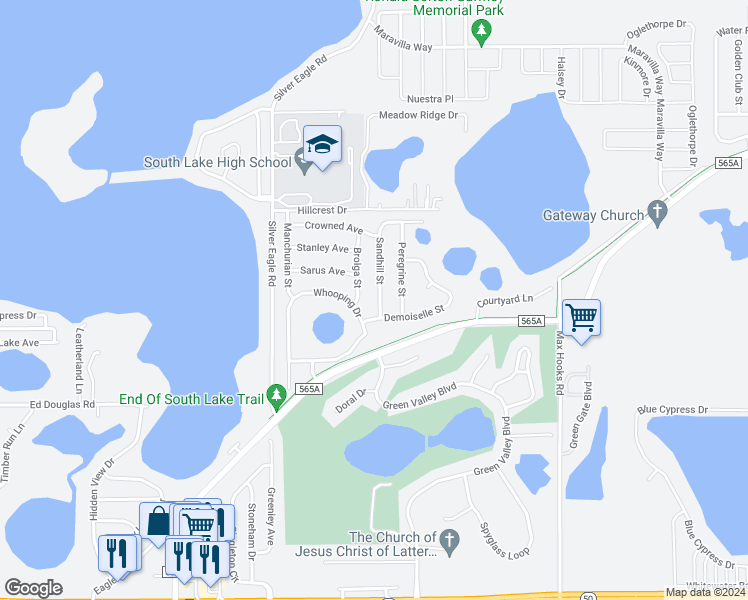 map of restaurants, bars, coffee shops, grocery stores, and more near 1005 Sandhill Street in Groveland