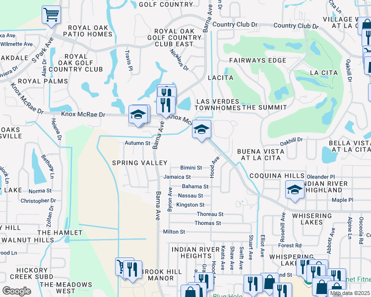 map of restaurants, bars, coffee shops, grocery stores, and more near 1515 Knox McRae Drive in Titusville