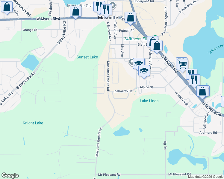 map of restaurants, bars, coffee shops, grocery stores, and more near 603 Palmetto Drive in Mascotte