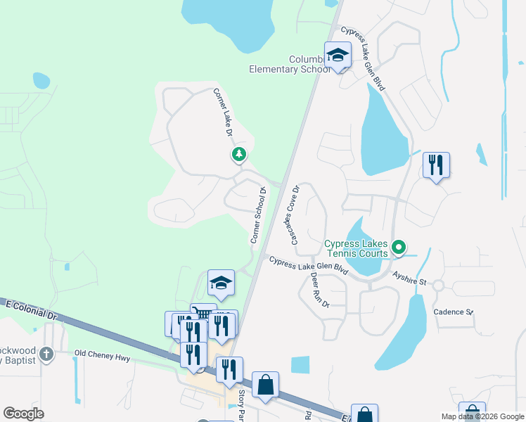 map of restaurants, bars, coffee shops, grocery stores, and more near 1973 Corner School Drive in Orlando