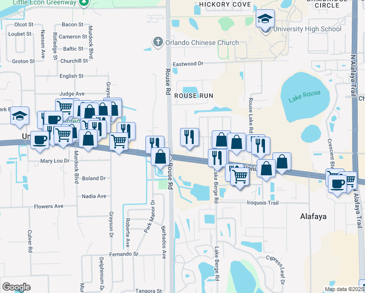 map of restaurants, bars, coffee shops, grocery stores, and more near 1698 Rouse Road in Orlando