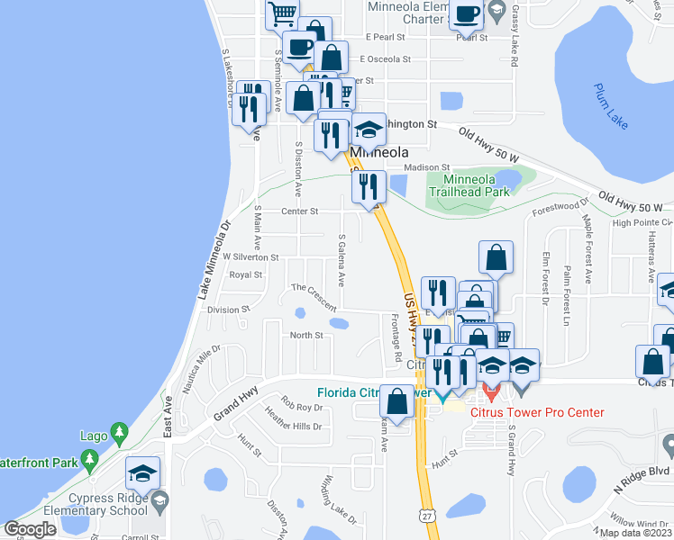 map of restaurants, bars, coffee shops, grocery stores, and more near 904 South Galena Avenue in Minneola
