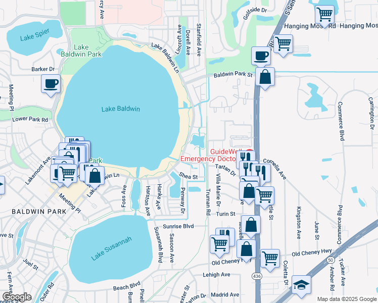map of restaurants, bars, coffee shops, grocery stores, and more near 2055 Lake Baldwin Lane in Orlando